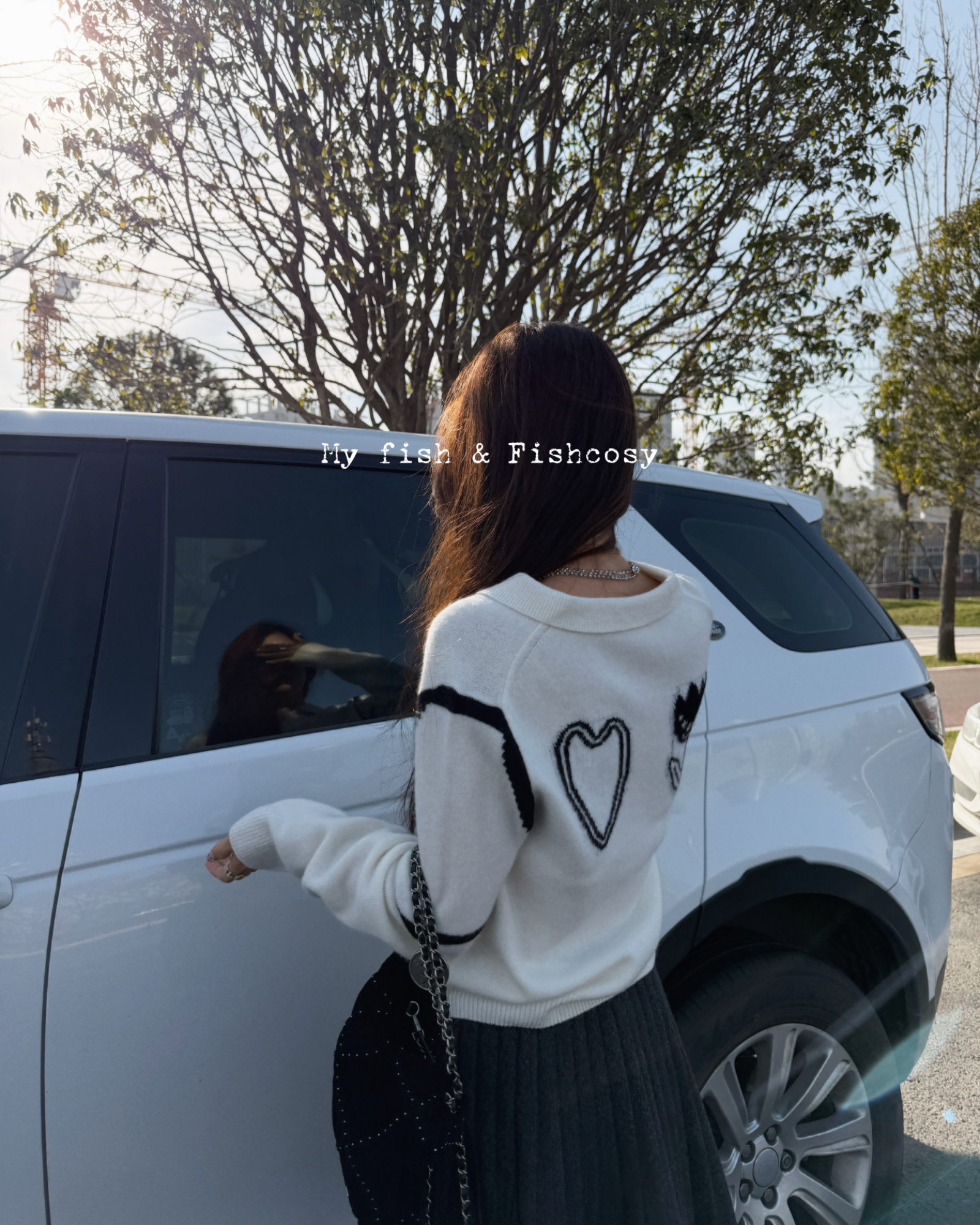 Polo领miu感休闲爱心花朵羊毛混纺针织衫韩国2025秋冬新品