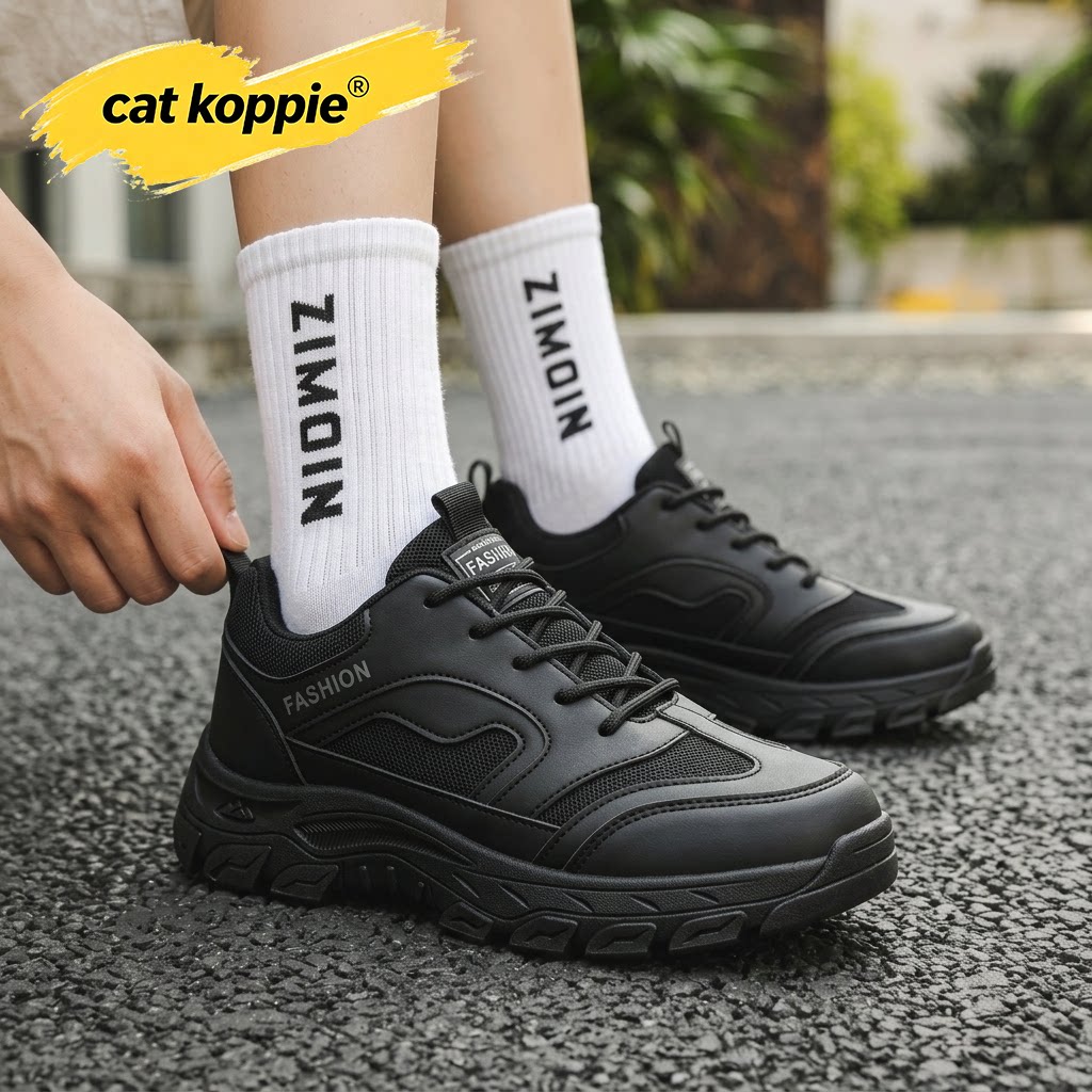 Cat Koppie黑色拼接厚底防滑老爹鞋网面革面透气耐磨低帮系带男鞋