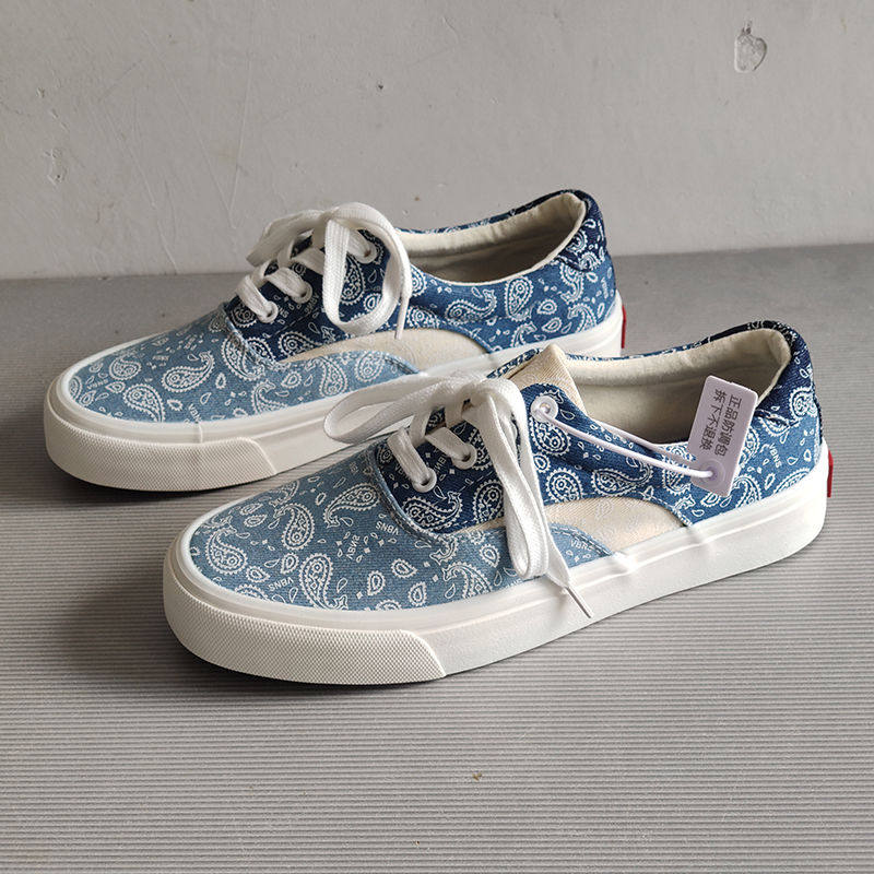 【香港&轻奢】2025新款透气日式覆古小众白蓝腰果花双对休闲帆布