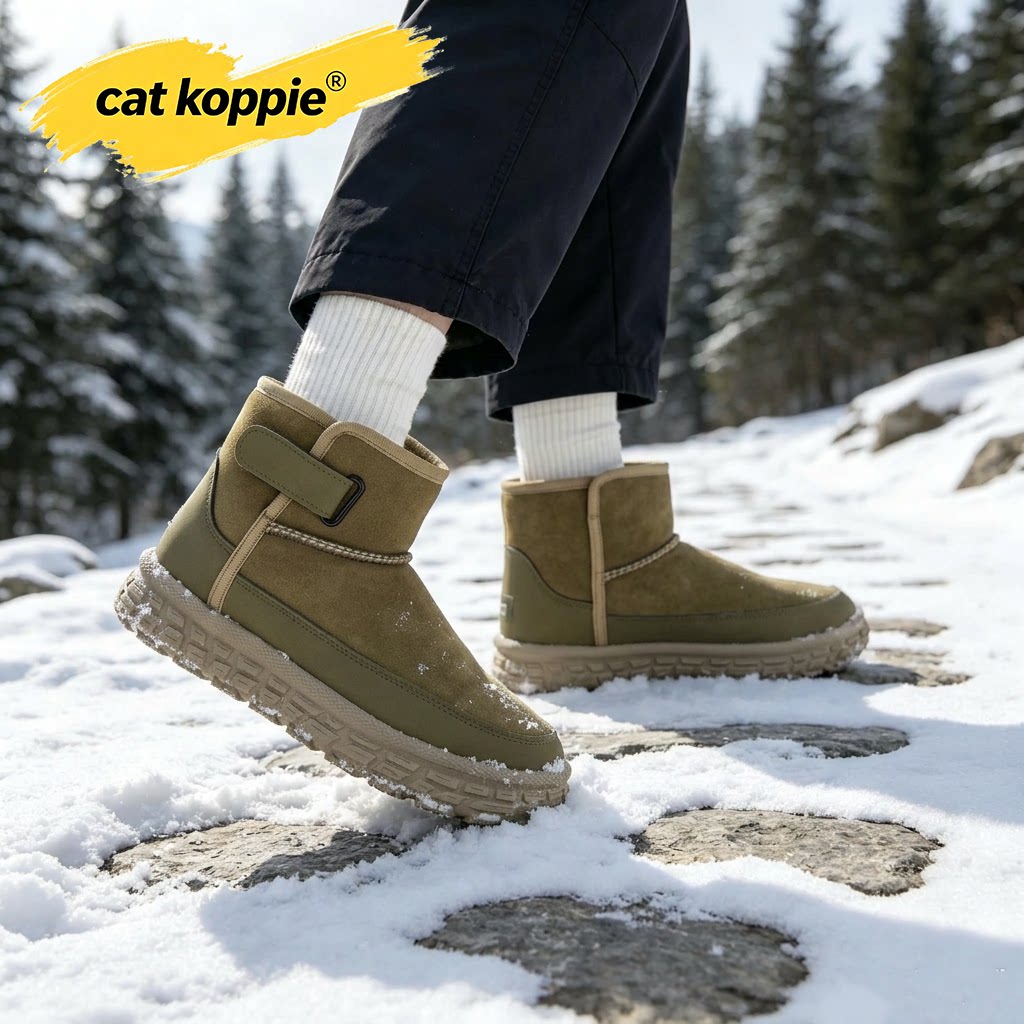 Cat Koppie军绿色磨砂加绒厚底防滑耐磨雪地靴翻绒面防寒短筒男鞋