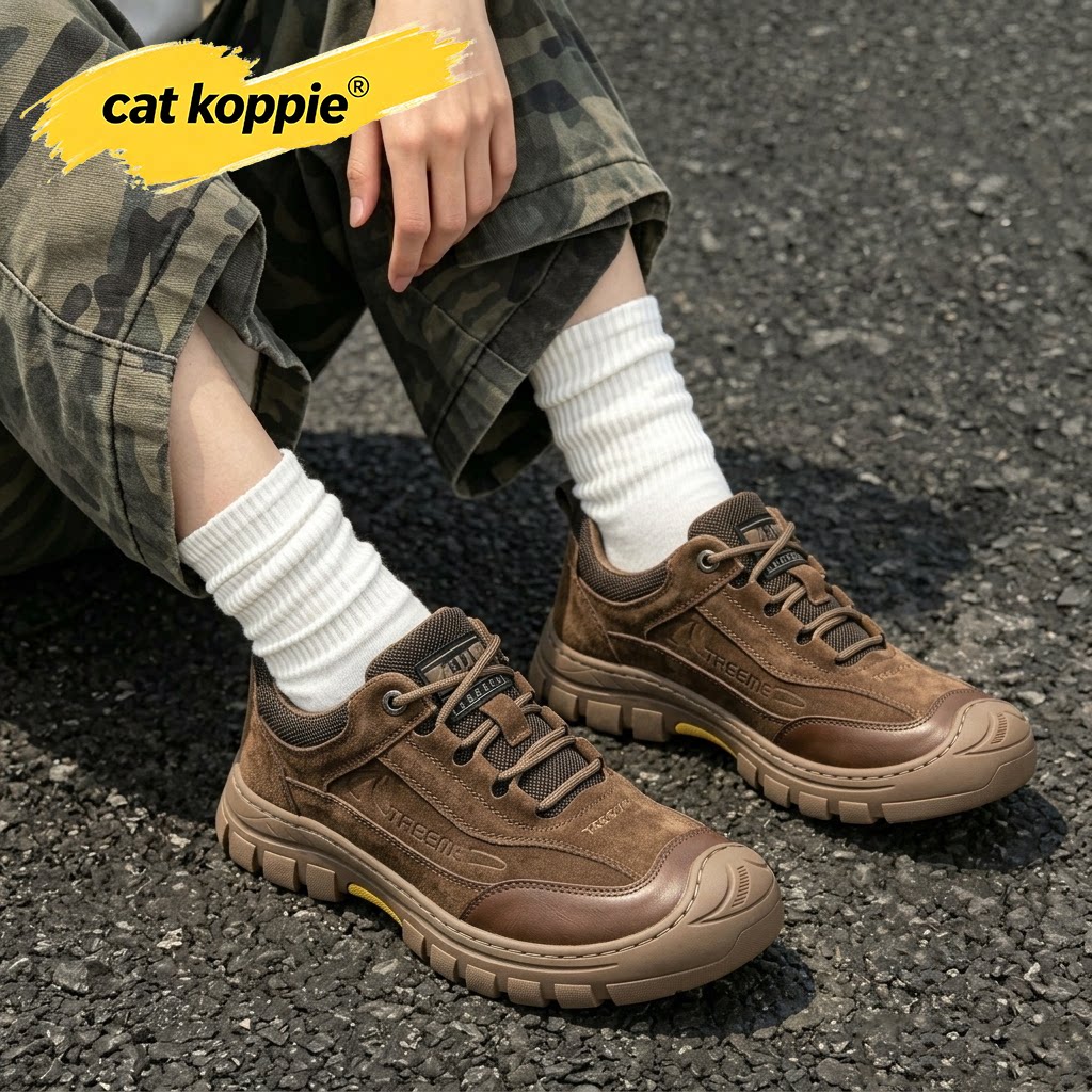 Cat Koppie棕色复古休闲厚底防滑工装鞋翻毛耐磨耐穿低帮系带男鞋