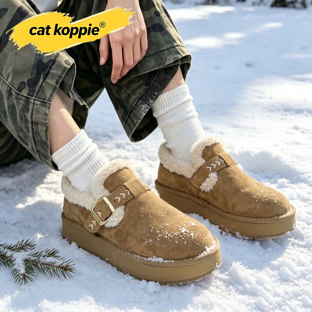 Cat Koppie驼色加绒加厚厚底防滑雪地靴绒面防寒舒适套脚扣饰男鞋