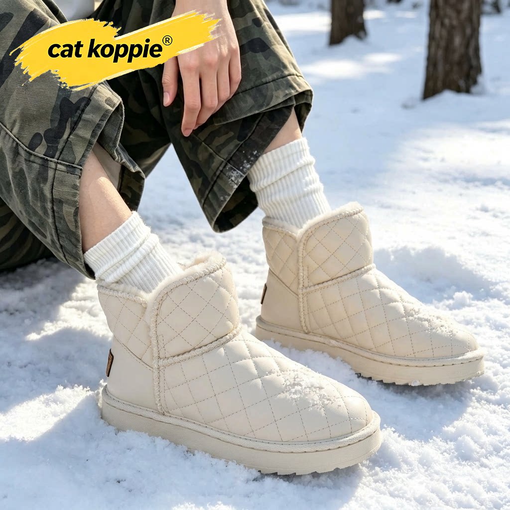 Cat Koppie米白色菱格绗缝防滑耐磨雪地靴人造革加绒保暖短筒男鞋
