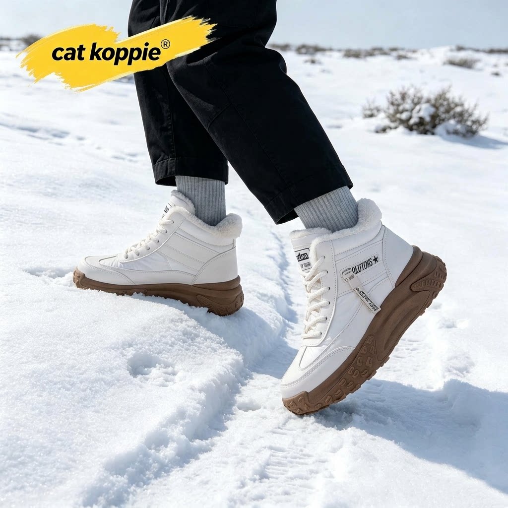 Cat Koppie白色加绒加厚厚底防滑耐磨高帮鞋布面保暖舒适内里男鞋