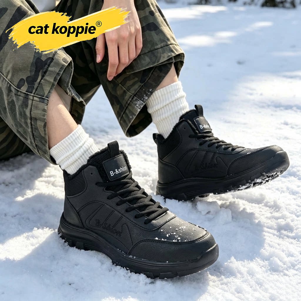 Cat Koppie黑色加绒加厚防滑耐磨户外休闲防水革面保暖高帮款男鞋