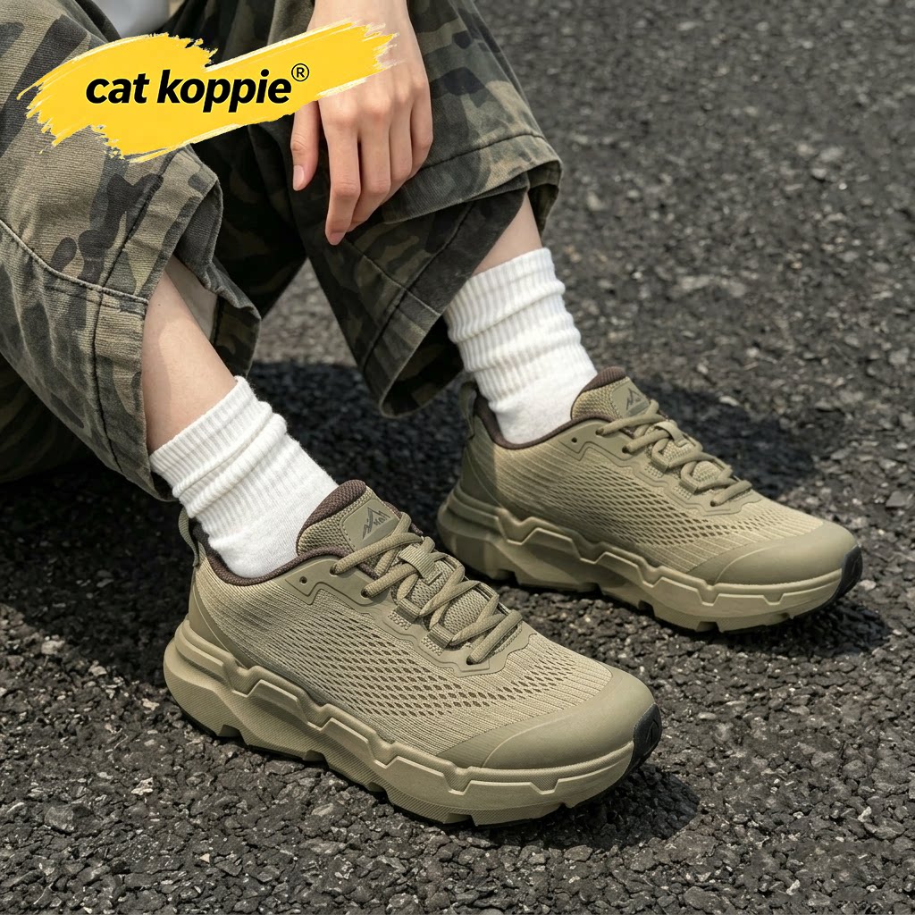 Cat Koppie卡其色户外工装厚底耐磨防滑徒步鞋飞织透气轻低帮男鞋
