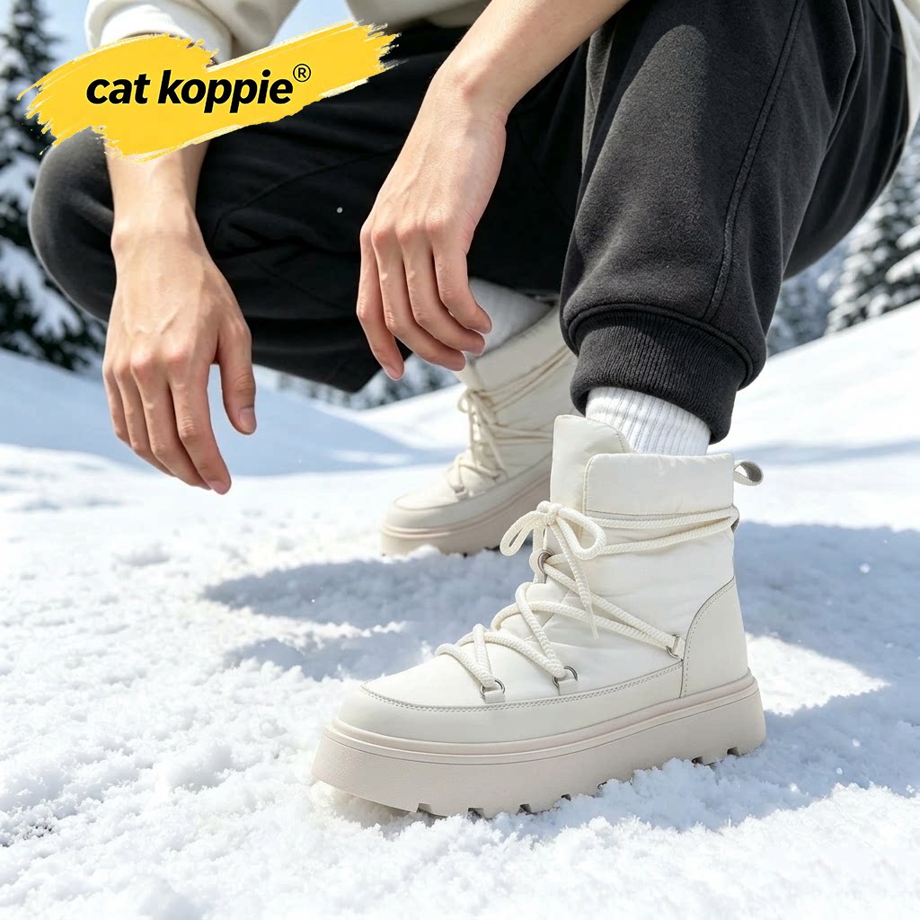 Cat Koppie白色雪地靴男冬季加绒加厚防滑面包鞋户外保暖靴