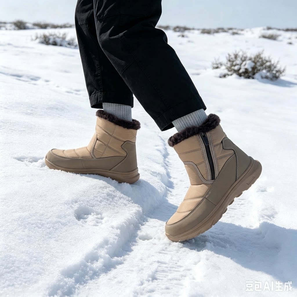 Cat Koppie卡其绗缝工艺厚底防滑雪地靴防水布加绒保暖侧拉链男鞋