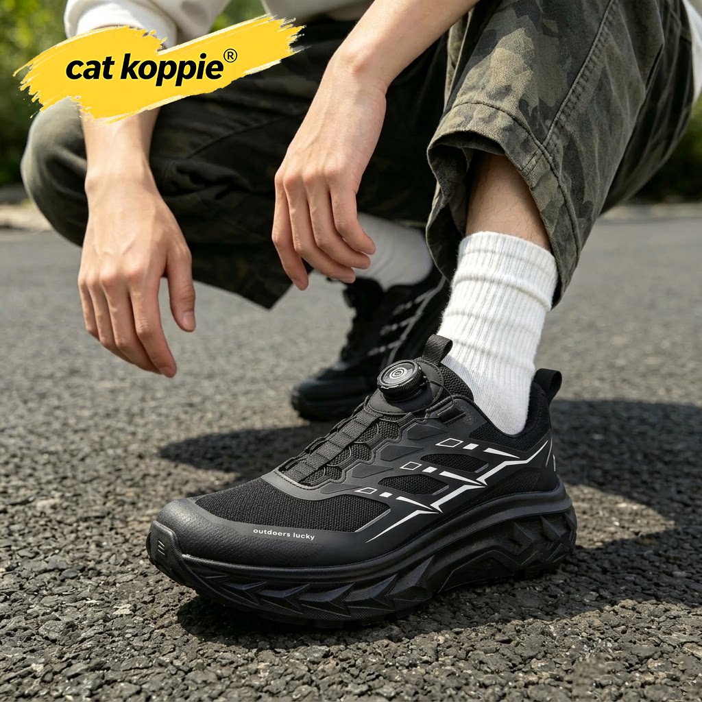 Cat Koppie黑色户外机能风防滑耐磨休闲运动鞋网面透气旋钮扣男鞋
