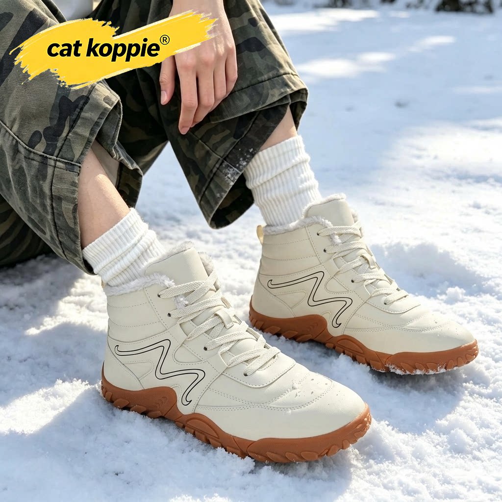 Cat Koppie米白加绒防滑橡胶户外休闲人造革保暖舒适高帮系带男鞋