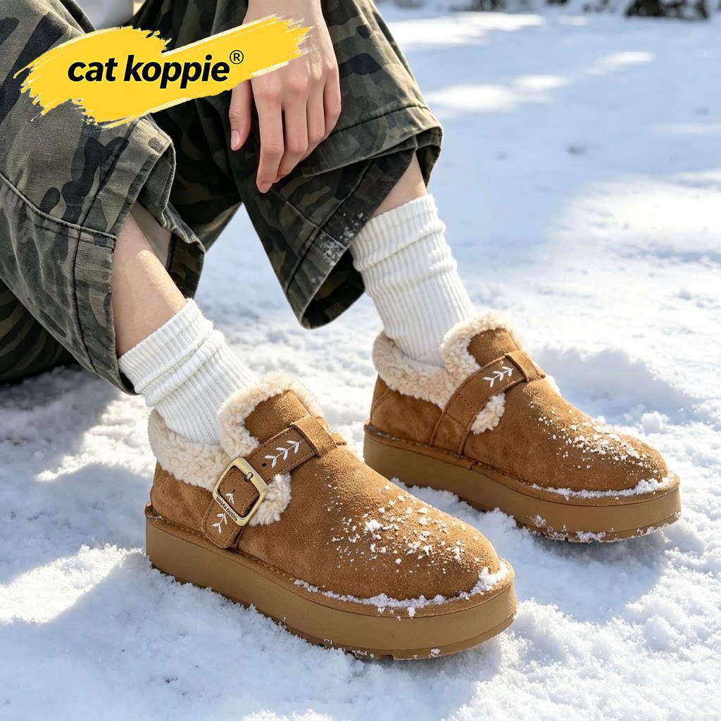 Cat Koppie驼色加绒保暖厚底耐磨休闲雪地靴绒面防寒防滑短筒男鞋