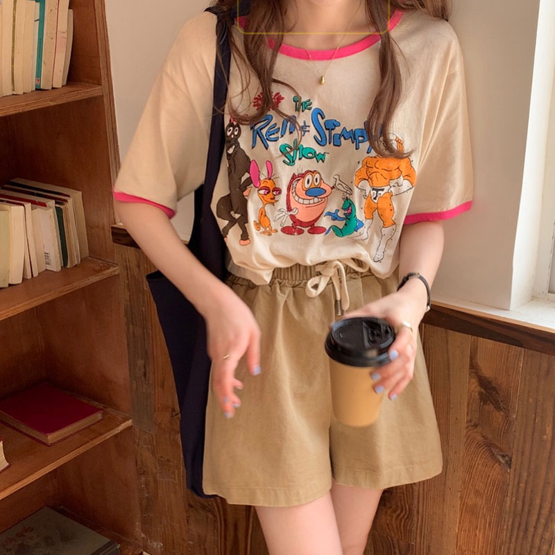 Real time cartoon print T-shirt summer cute loose Korean ins versatile short sleeve top