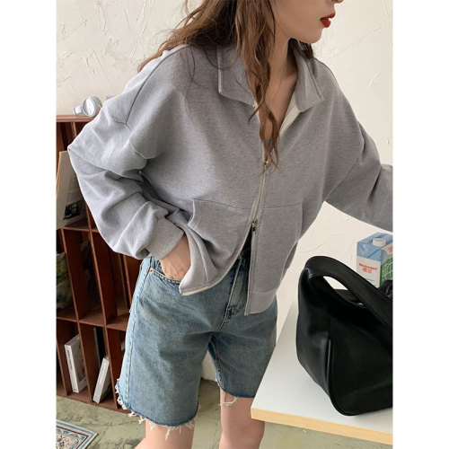 Real shot 2021 autumn new loose Lapel sweater simple short Cardigan Jacket Women's jacket