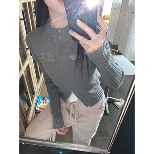 双头拉链休闲毛衣3122 毛衣开衫 实拍秋冬简约刺绣针织修身 立领短款