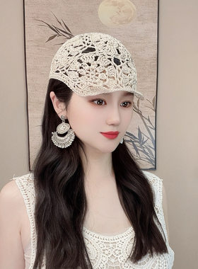 新款复古港风春夏帽子手工编织女士钩花亚麻遮阳帽透气镂空鸭舌帽