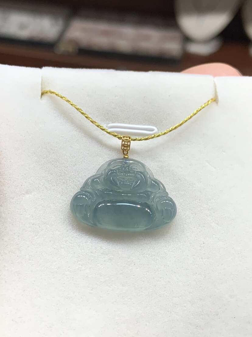 18K金扣头翡翠玉佛公吊坠 A货翡翠 冰种满绿佛爷玉坠 锁骨链挂坠