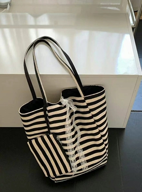 韩国东大门代购trou新款女包条纹帆布大容量单肩包休闲百搭手提包