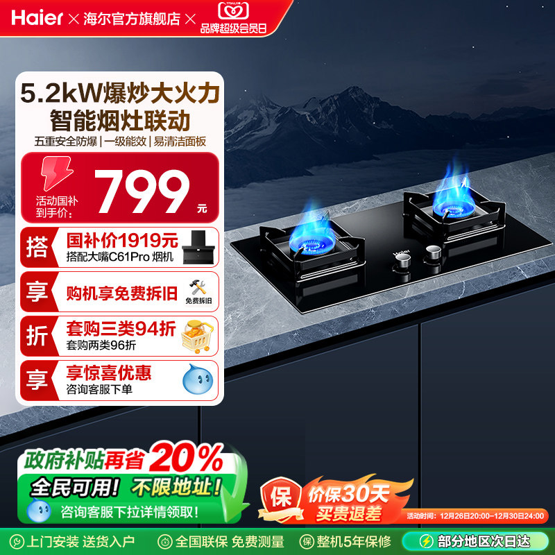 海尔燃气灶煤气灶家用双灶天然气灶台厨房家用煤气炉灶具Q2BE58