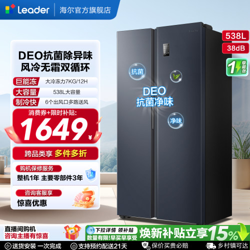 海尔统帅538L对开门一级变频冰箱