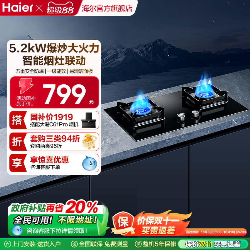 海尔燃气灶煤气灶家用双灶天然气灶台厨房家用煤气炉灶具Q2BE58