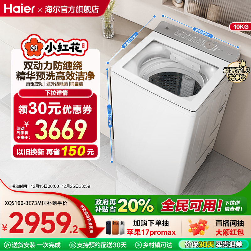 海尔小红花波轮双动力精华洗10kg大容量家用全自动洗衣机73M