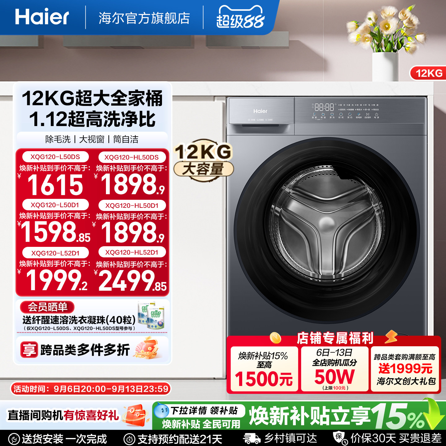 [国家补贴]海尔滚筒洗衣机12公斤家用全自动大容量洗脱一体50D1图片