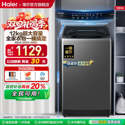 以旧换新海尔波轮洗衣机大容量家用全自动12kg租房除螨除菌10D0