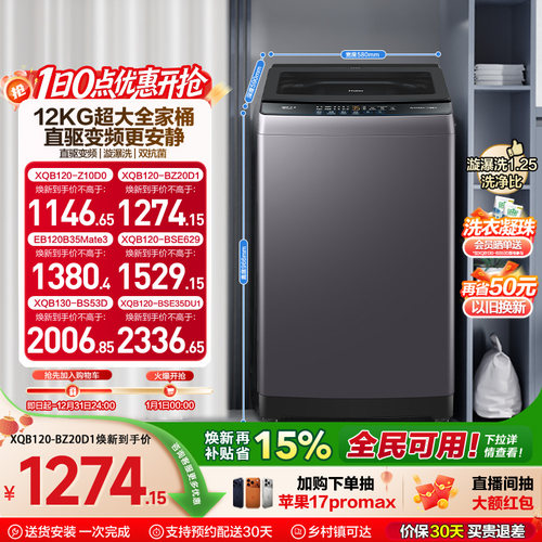洗衣机以旧换新补贴海尔波轮全自动家用12kg超大容量除菌20D1