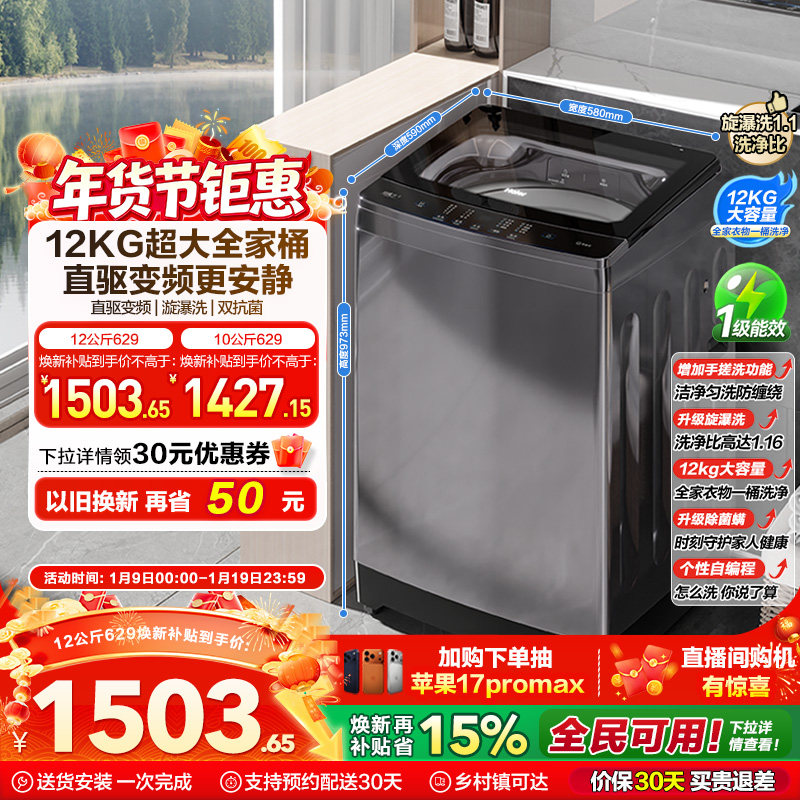 [手搓洗]海尔波轮洗衣机家用全自动直驱动变频12kg大容量除菌629