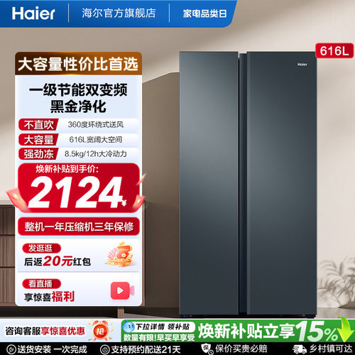 海尔616L对开门一级大容量冰箱