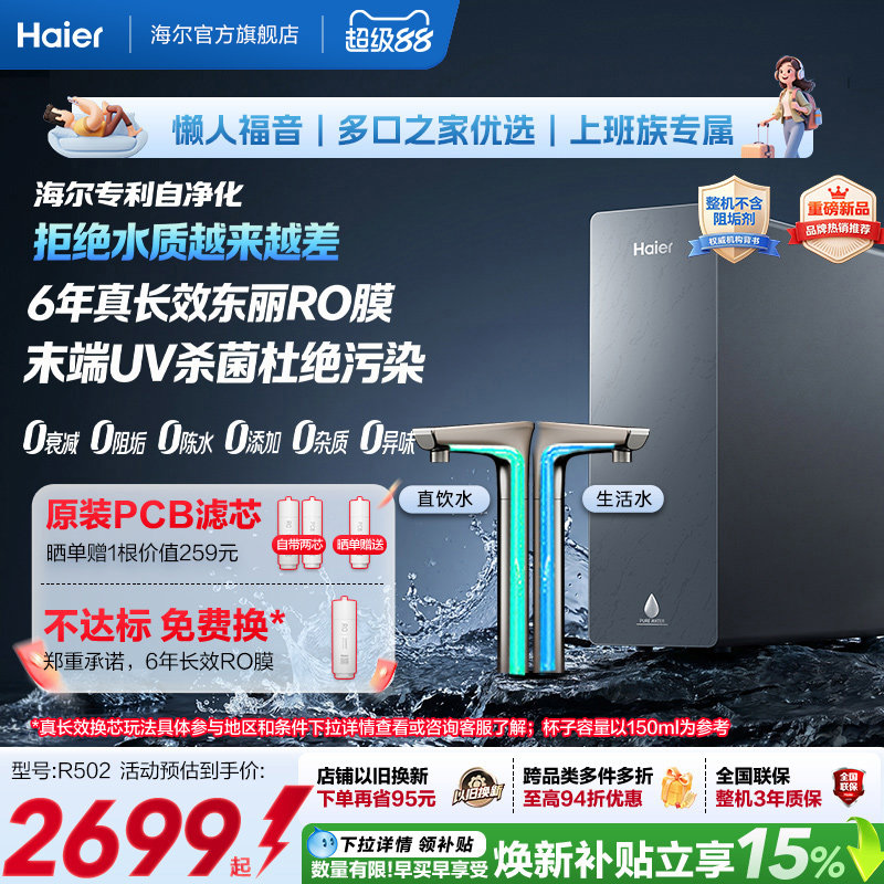 新品海尔净水器鲜活水自净化家用直饮长效反渗透1400G净饮机P5