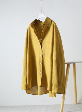 简约风亚麻衬衫女长袖宽松翻领黄色百搭遮肉上衣中长款休闲衬衣