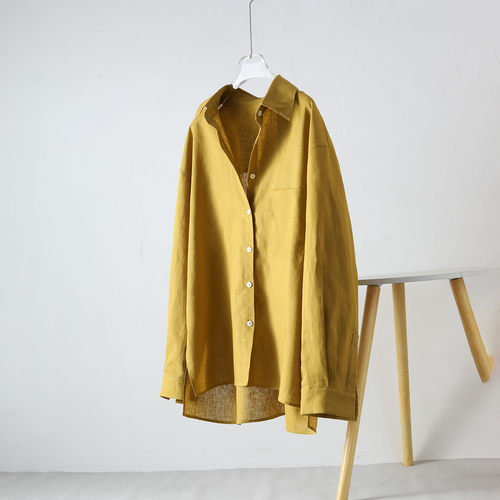 简约风亚麻宽松遮肉长袖女衬衫