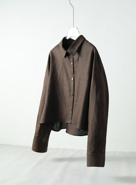 咖啡色亚麻短款衬衫女春夏季慵懒风开衫衬衣纯色棉麻休闲上衣