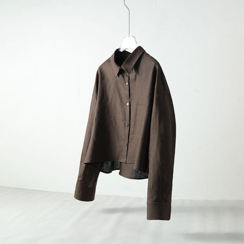 春夏咖啡色棉麻慵懒短款衬衫女