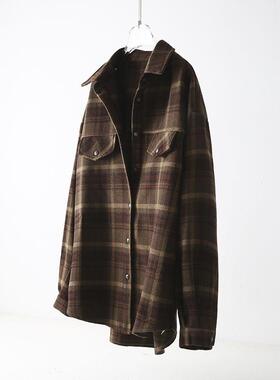 中长款女士衬衣2024秋冬季格纹穿搭毛呢格子衬衫宽松加厚磨毛外套