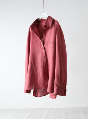 中长款长袖亚麻女衬衫土红色宽松衬衣休闲百搭上衣女装新品百搭款