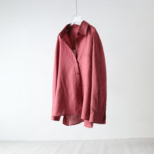 中长款亚麻长袖宽松衬衫女土红