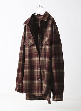 磨毛格子衬衫女2024春秋装欧货衬衣复古加厚上衣休闲宽松长袖外套