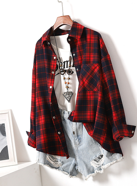 红色格子衬衫女长袖宽松大码复古港味磨毛春秋新款中长款衬衣外套