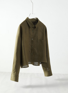 军绿短款衬衫女装宽松气质开衫衬衣棉麻简约上衣春夏新品亚麻女装