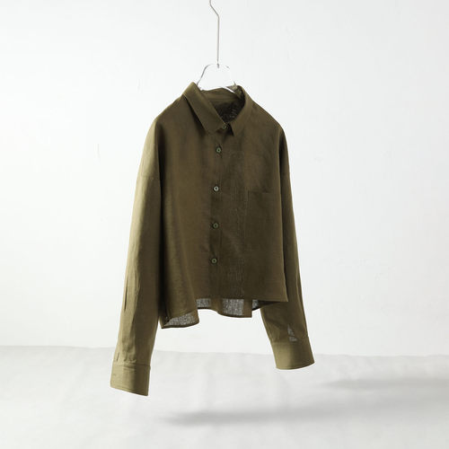 军绿短款棉麻宽松开衫衬衫女