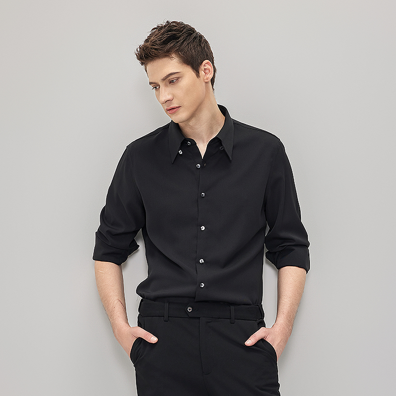 秋季绅士法式休闲尖领男衬衫修身长袖纯色打底衬衣商务上衣35116