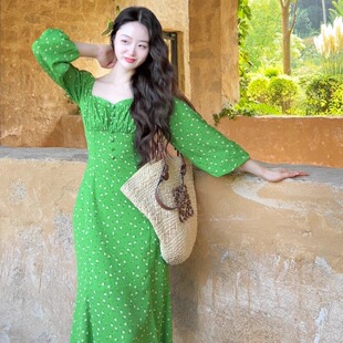 绿色碎花长袖 法式 连衣裙秋 南卡之绿 乔与乔伊