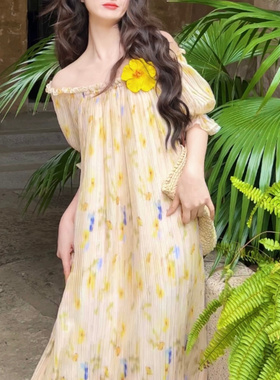 乔与乔伊 浅黄褶花 法式黄色宽松压褶连衣裙