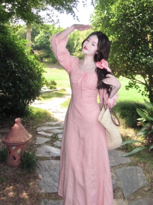 法式浪漫桃粉色棉麻连衣裙秋