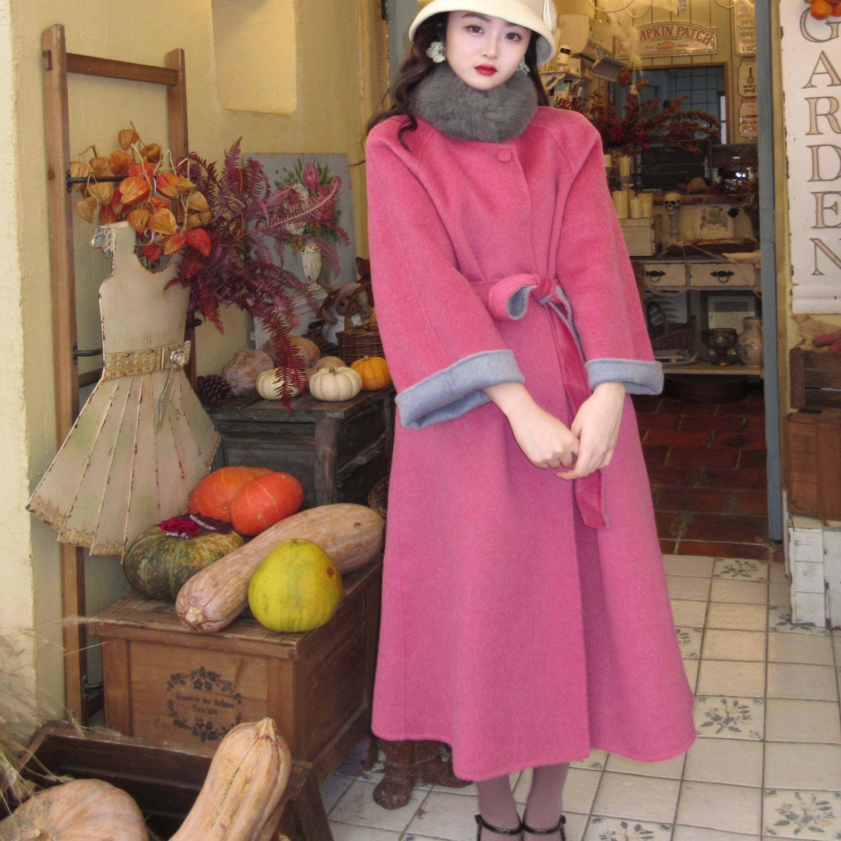 法式复古梅子色双面羊毛大衣