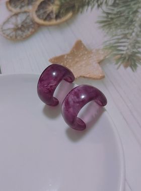 无耳洞不疼紫色半透明C型耳环纹理质感葡萄紫树脂耳圈蚊香盘耳夹