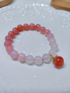 鲜嫩水蜜桃甜美仙女渐变粉红色天然绯红玛瑙手串可爱桃子吊坠手链