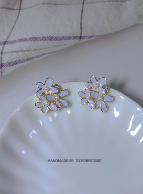 油画风勿忘我花朵耳钉无耳洞不疼浅紫色花团簇清新五瓣花蚊香耳夹